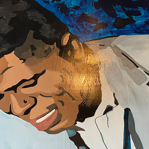 Painting of James Brown singing at a restaurant in Minneapolis